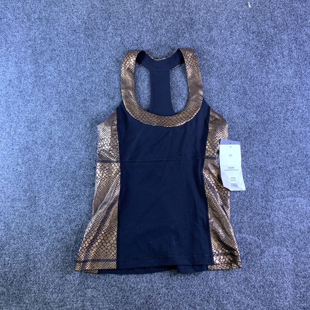 Vogo Athletica Racerback Tank Top Womens Small Black Gold Snake-Print Round Neck
